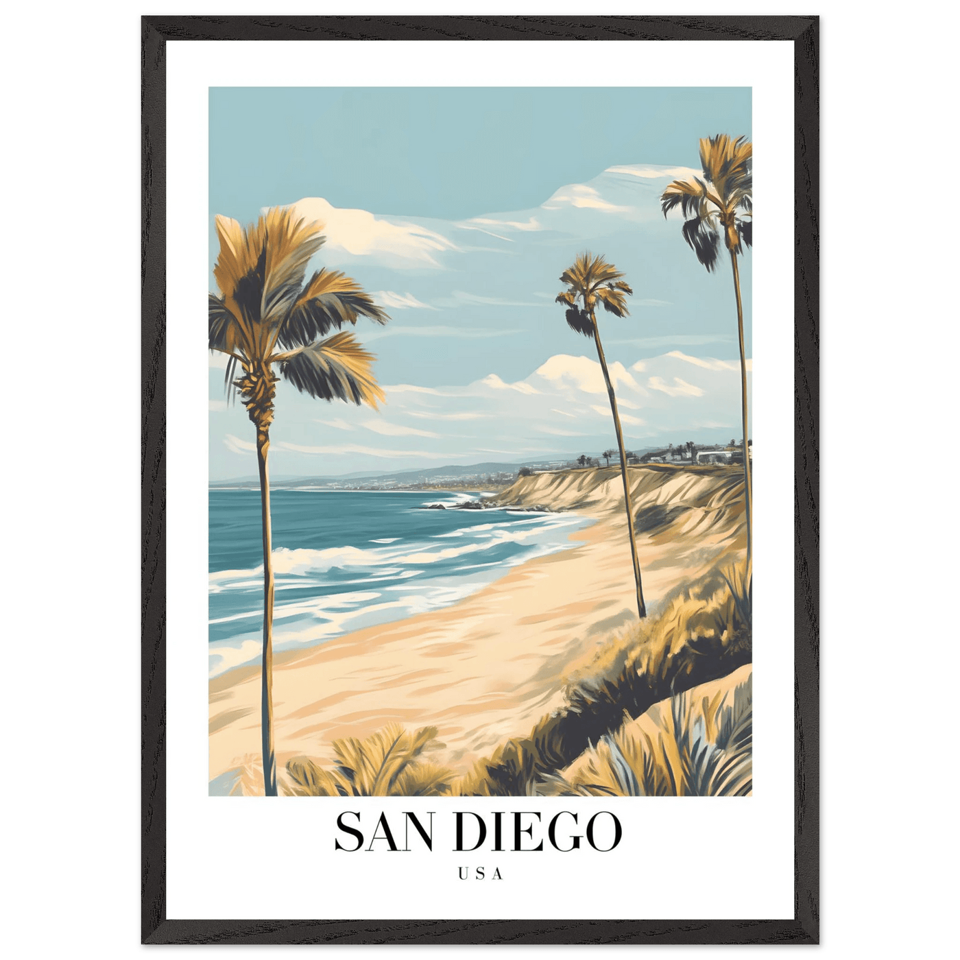 San Diego USA Framed Poster – Vintage Beach Travel Wall Art with Wooden Frame in Your Choice of Size and Finish - Vibrantwalls