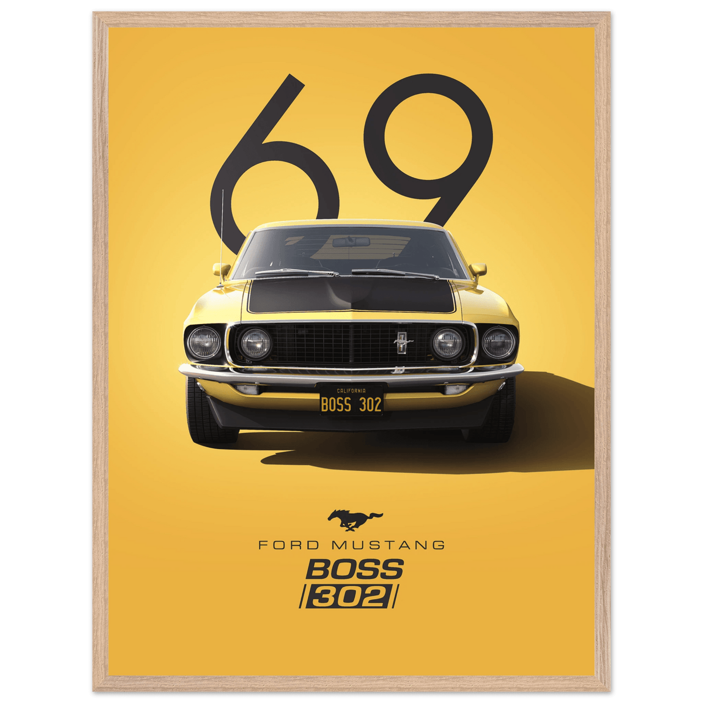 1969 Ford Mustang Boss 302 '69 - Iconic Yellow Framed Poster | Ready-to-Hang, Premium Art Print - Vibrantwalls