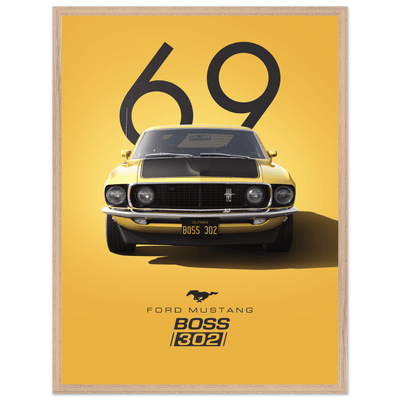 1969 Ford Mustang Boss 302 '69 - Iconic Yellow Framed Poster | Ready-to-Hang, Premium Art Print - Vibrantwalls