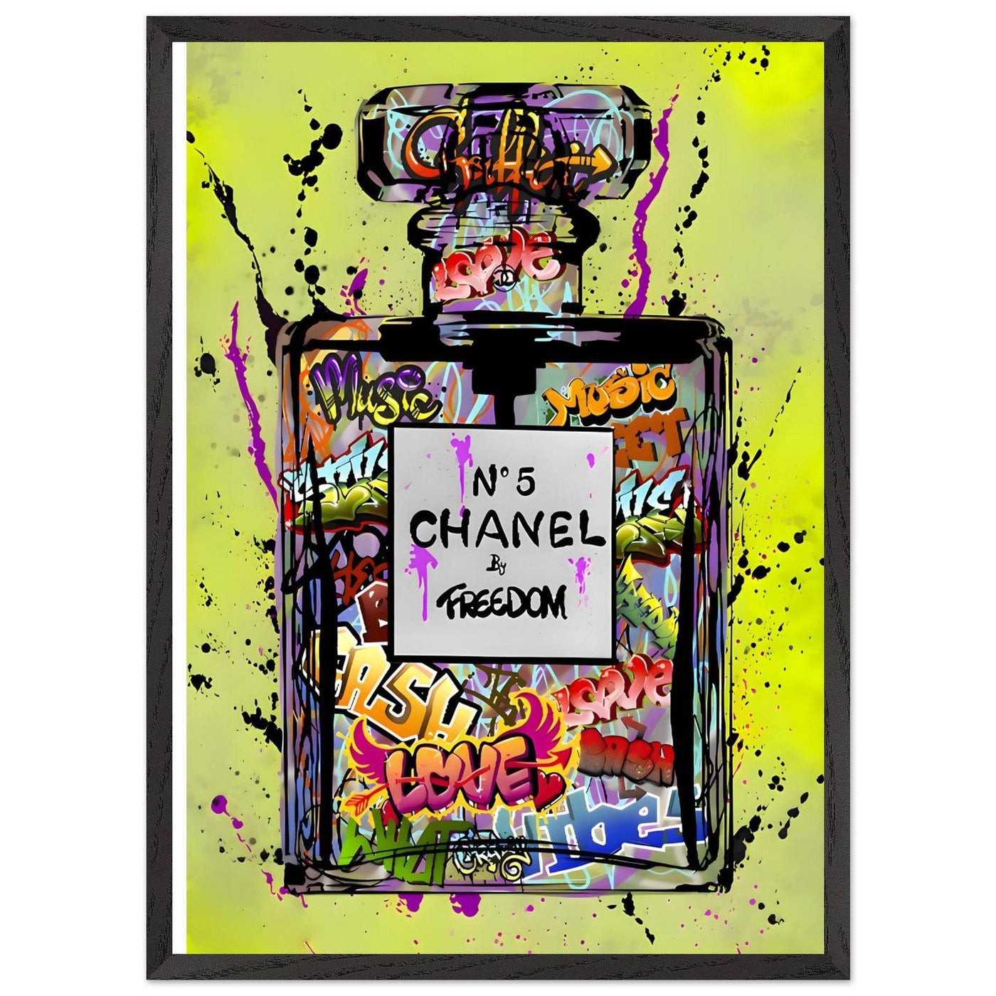 Coco Chanel No. 5 Graffiti Art Print - Vibrant Street Style Perfume Bottle Framed Wall Art - Vibrantwalls