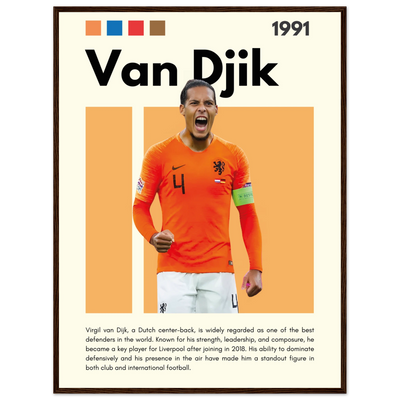 Virgil van Dijk Liverpool/Netherlands Football Framed Poster - Orange & Dynamic Sports Art Print 60x80 cm 24x32″ Dark wood frame Vibrantwalls