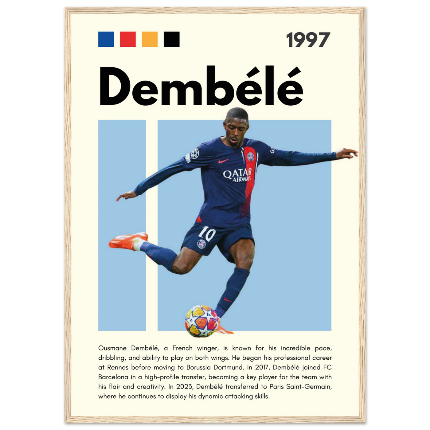 Ousmane Dembélé PSG Soccer Framed Poster – Dynamic Football Art Print in Multiple Sizes & Frame Styles 50x70 cm 20x28″ Wood frame Vibrantwalls