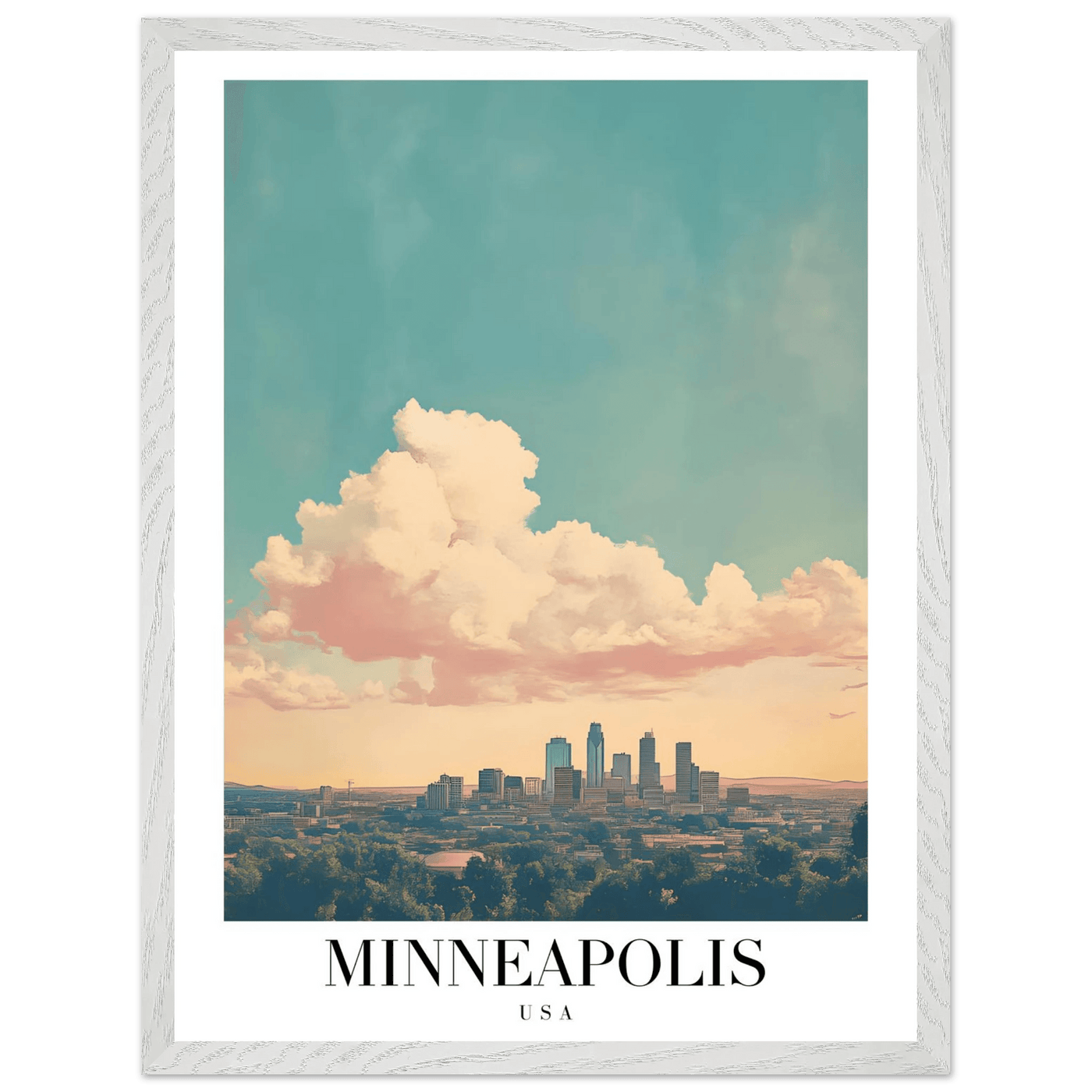 Minneapolis USA Framed Poster – Pastel Dream Sky Vintage Cityscape Art with Premium Wooden Frame - Vibrantwalls