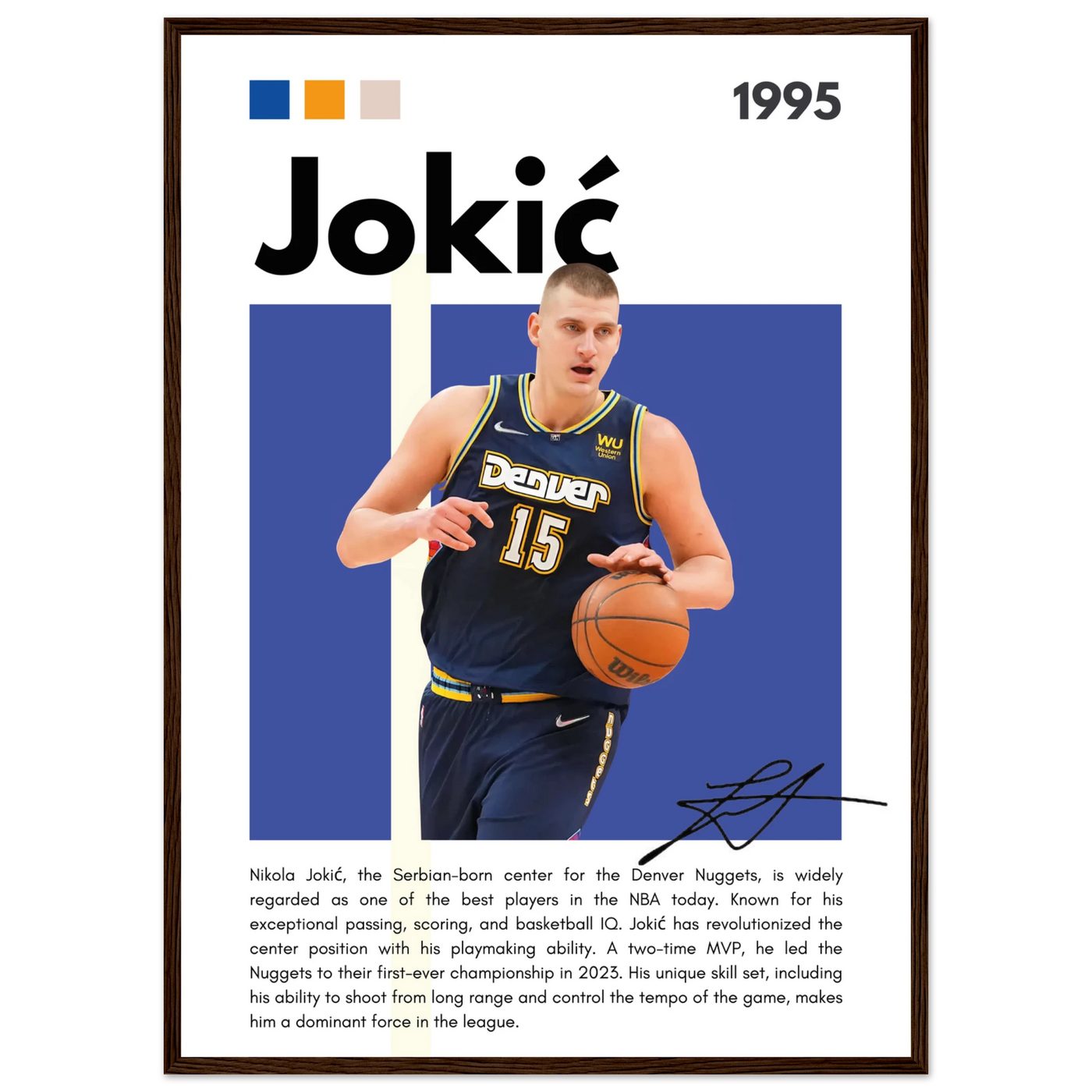 Nikola Jokic Joker Nuggets Minimalist Art Print 50x70 cm 20x28″ Dark wood frame Vibrantwalls