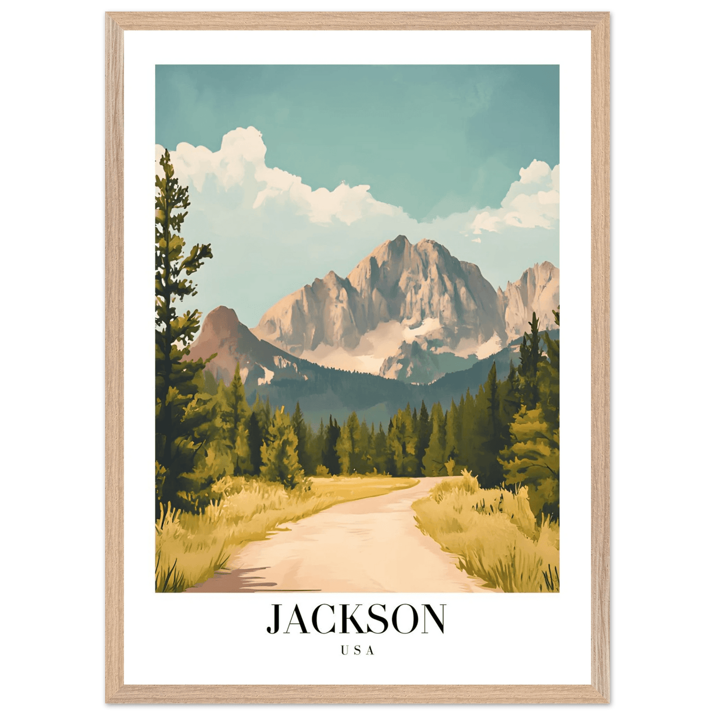 Jackson USA Mountain Landscape Framed Poster – Vintage Travel Wall Art with Wooden Frame - Vibrantwalls