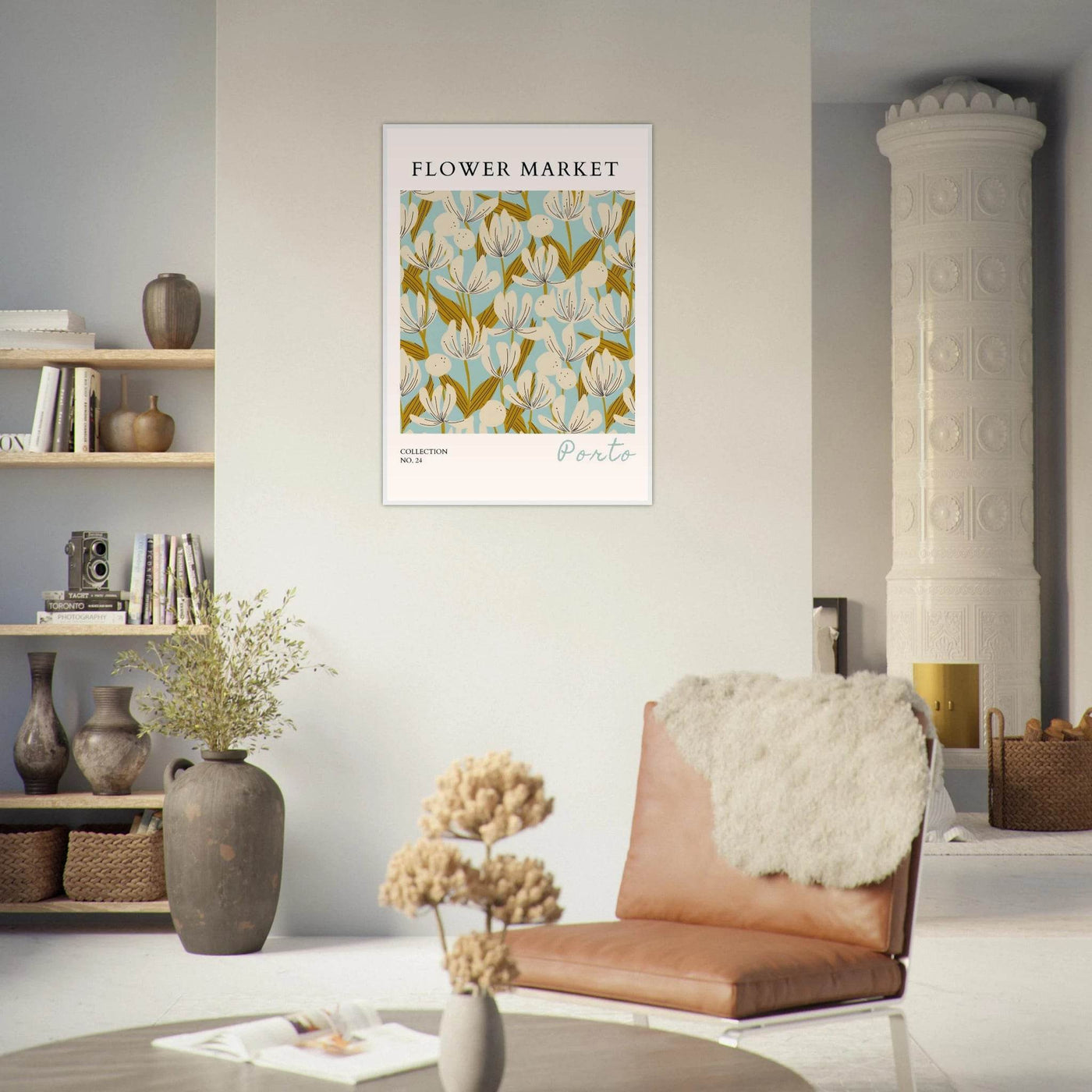 Flower Market Porto Abstract Floral Framed Poster | Calming Blue & Gold Botanical Art Print, Ready-to-Hang - Vibrantwalls