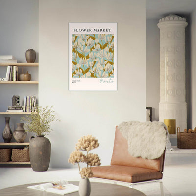 Flower Market Porto Abstract Floral Framed Poster | Calming Blue & Gold Botanical Art Print, Ready-to-Hang - Vibrantwalls