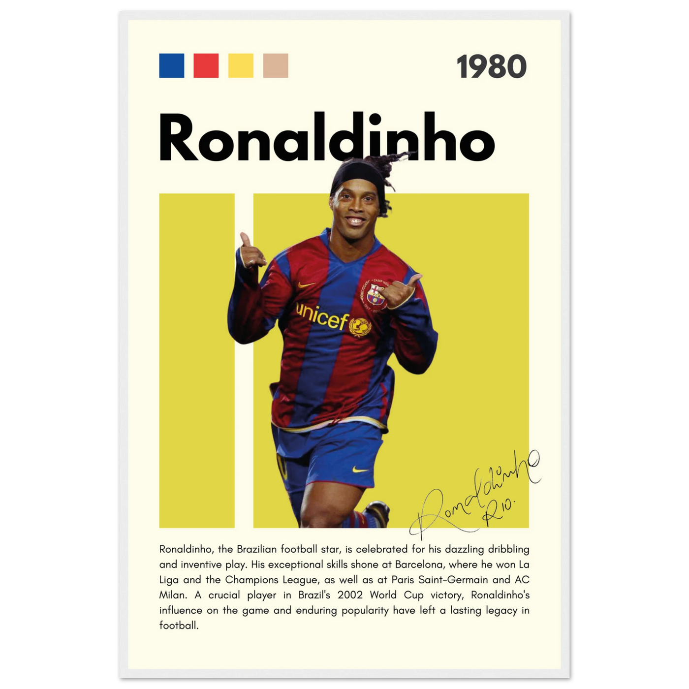 Ronaldinho Barcelona Football Legend Framed Brazil Poster 60x90 cm 24x36″ White frame Vibrantwalls