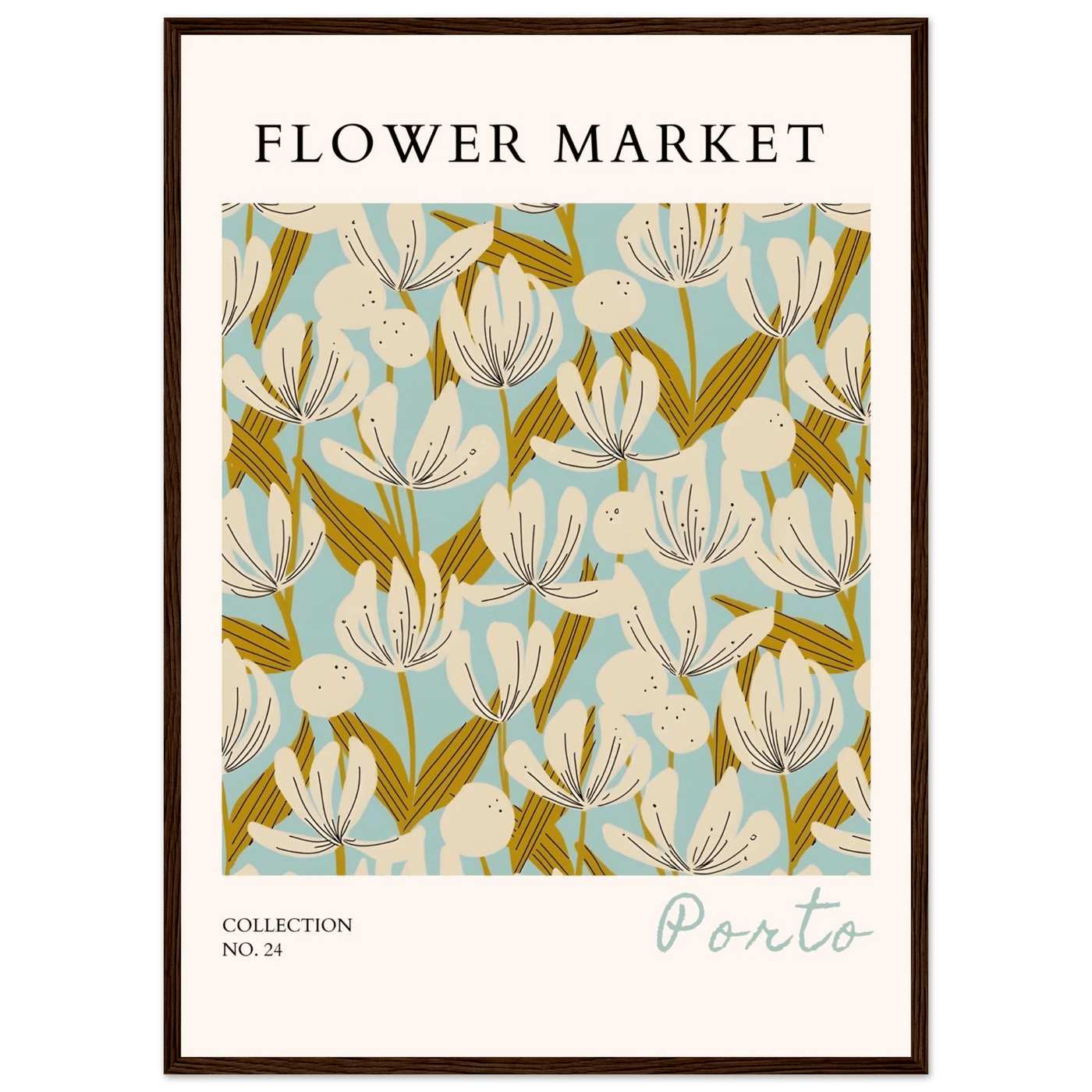 Flower Market Porto Abstract Floral Framed Poster | Calming Blue & Gold Botanical Art Print, Ready-to-Hang - Vibrantwalls