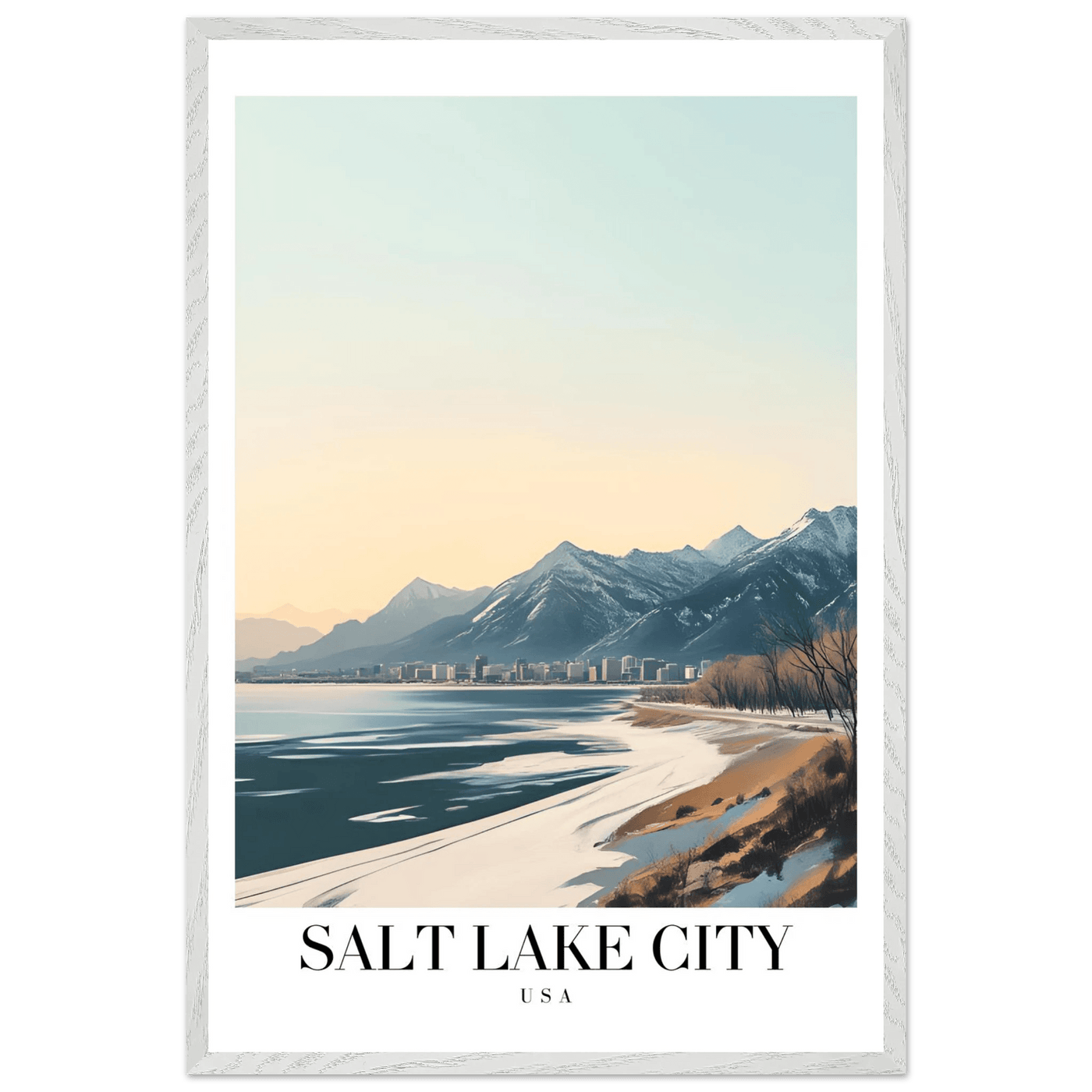 Salt Lake City Framed Poster – Modern Winter Landscape Art with Wood Frame - Vibrantwalls