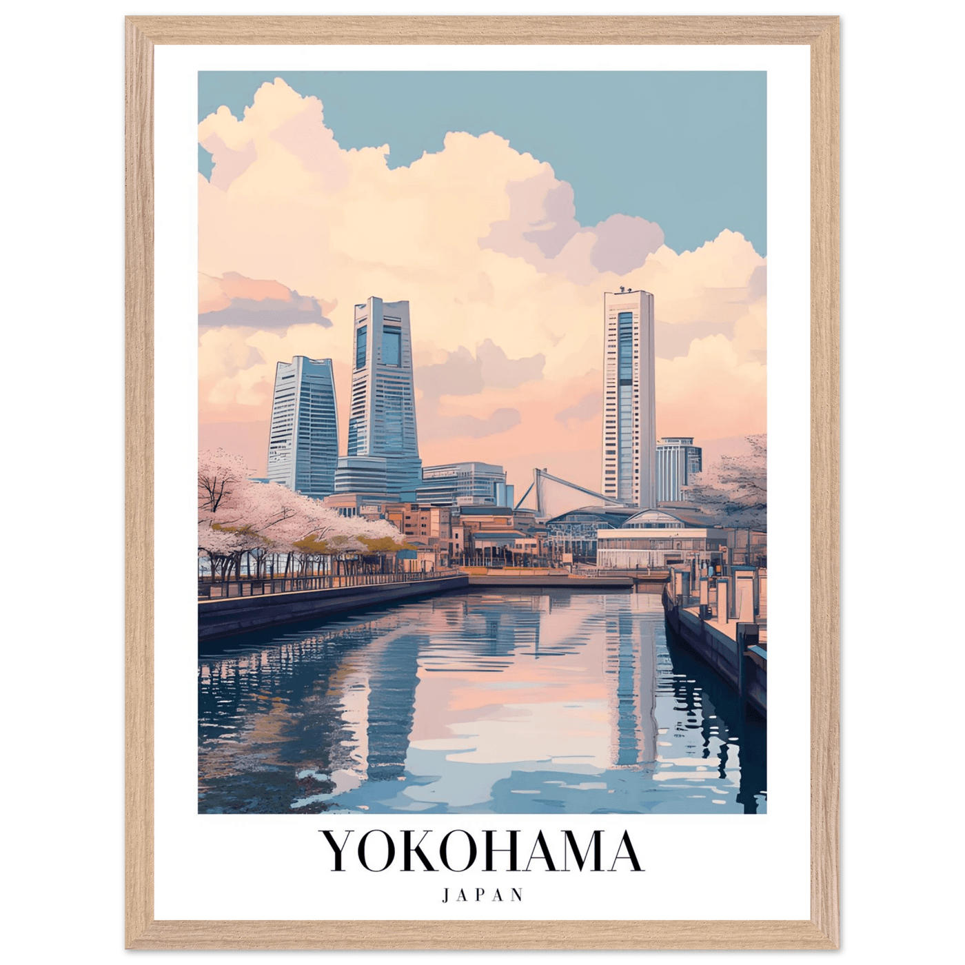 Yokohama Japan Framed Poster – Serene Pastel Cityscape Wall Art with Wooden Frame - Vibrantwalls