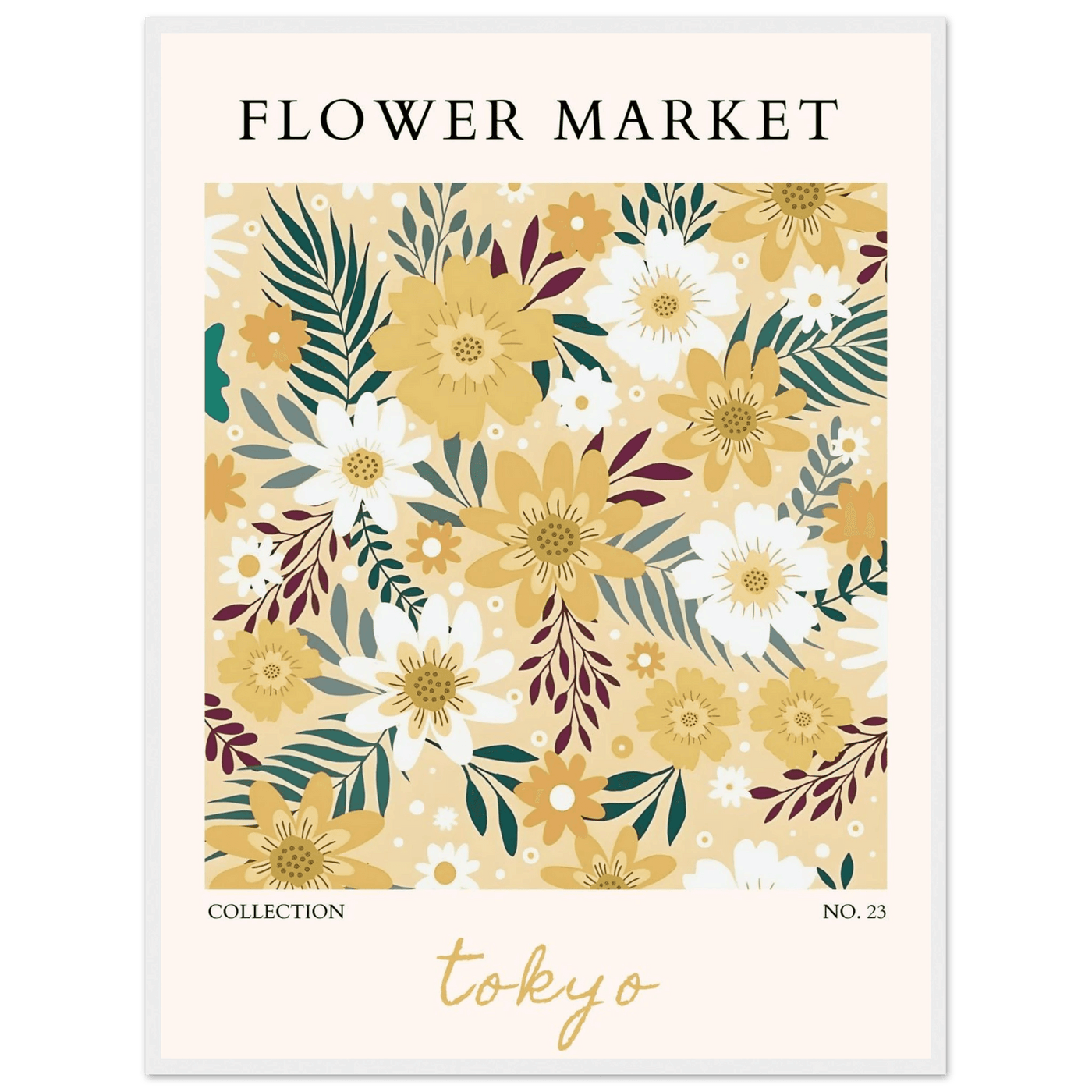 Tokyo Flower Market Framed Poster – Botanical Golden & White Floral Print | Ready-to-Hang Wall Art - Vibrantwalls