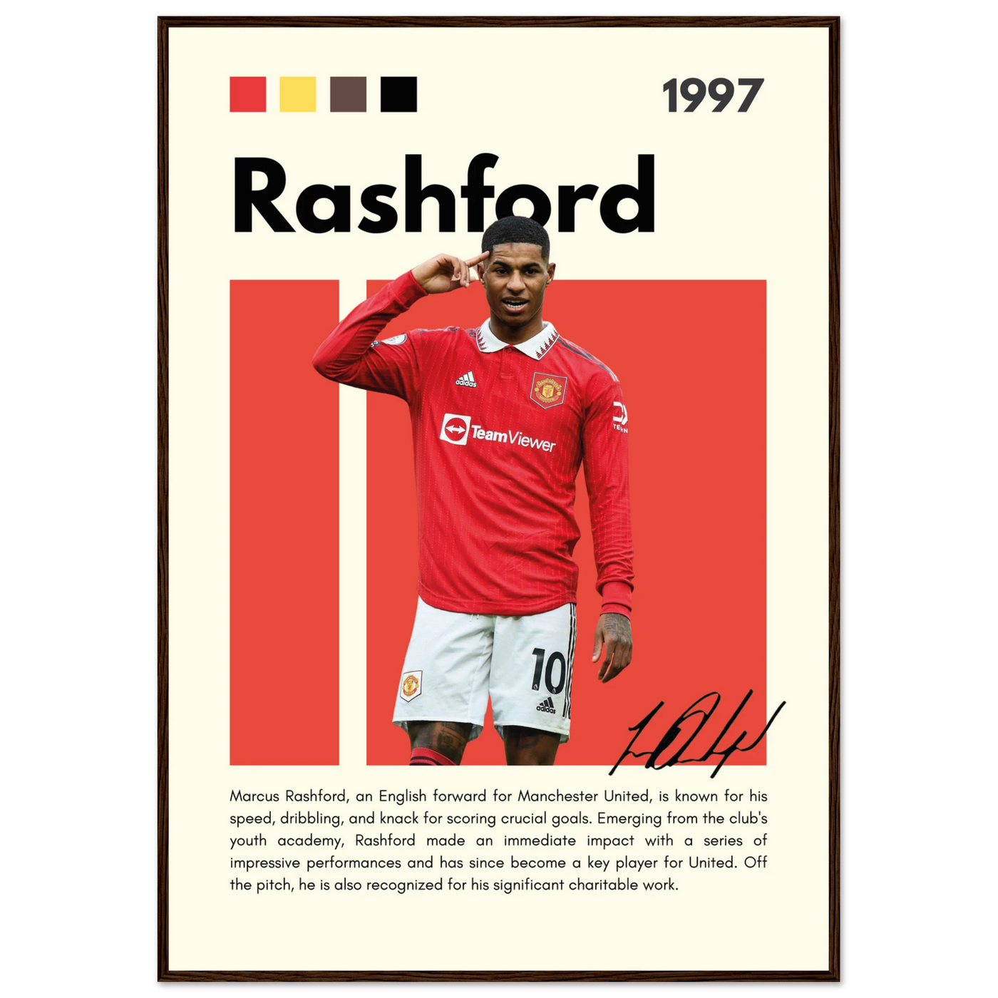 Marcus Rashford Manchester United Soccer Framed Poster – Iconic Red Devil Art Print 70x100 cm 28x40″ Dark wood frame Vibrantwalls