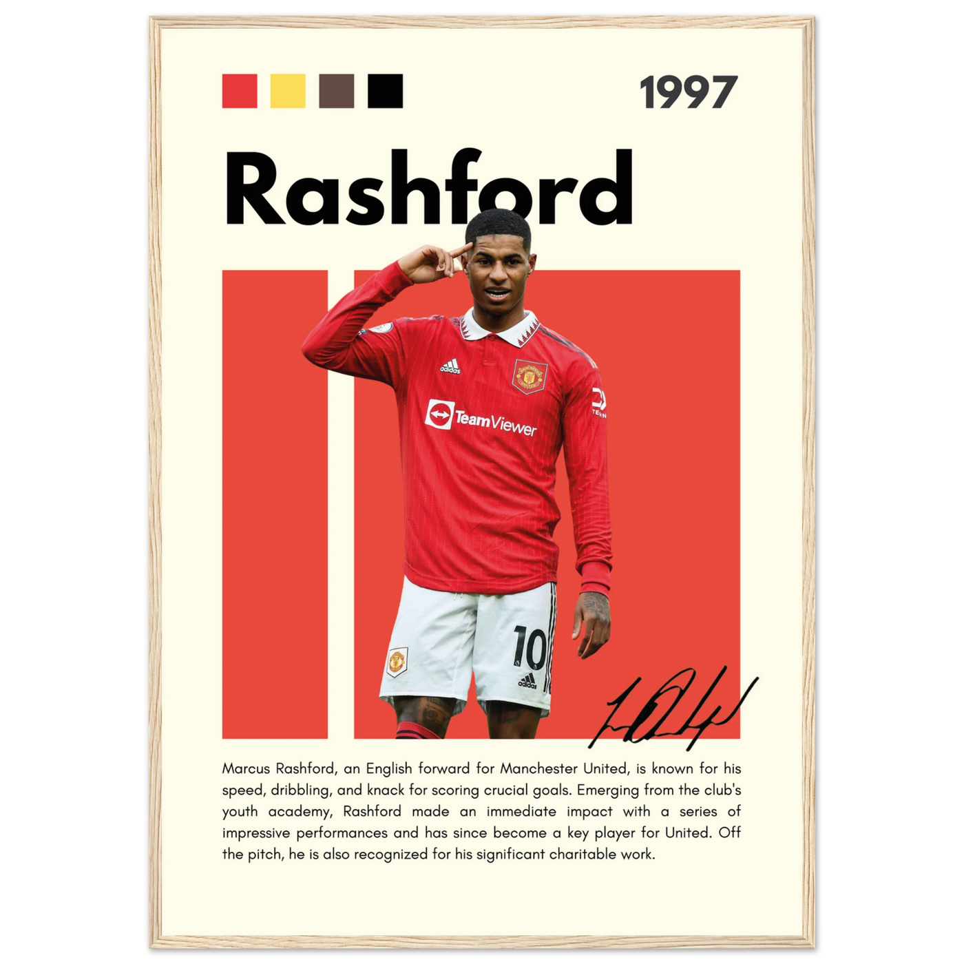 Marcus Rashford Manchester United Soccer Framed Poster – Iconic Red Devil Art Print A1 (59.4 x 84.1 cm) Wood frame Vibrantwalls