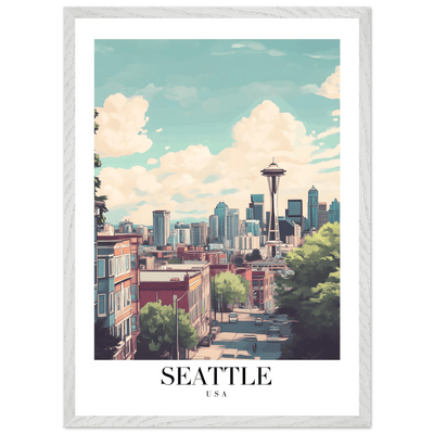 Seattle USA Framed Poster – Charming Watercolor Cityscape Wall Art with Wooden Frame - Vibrantwalls