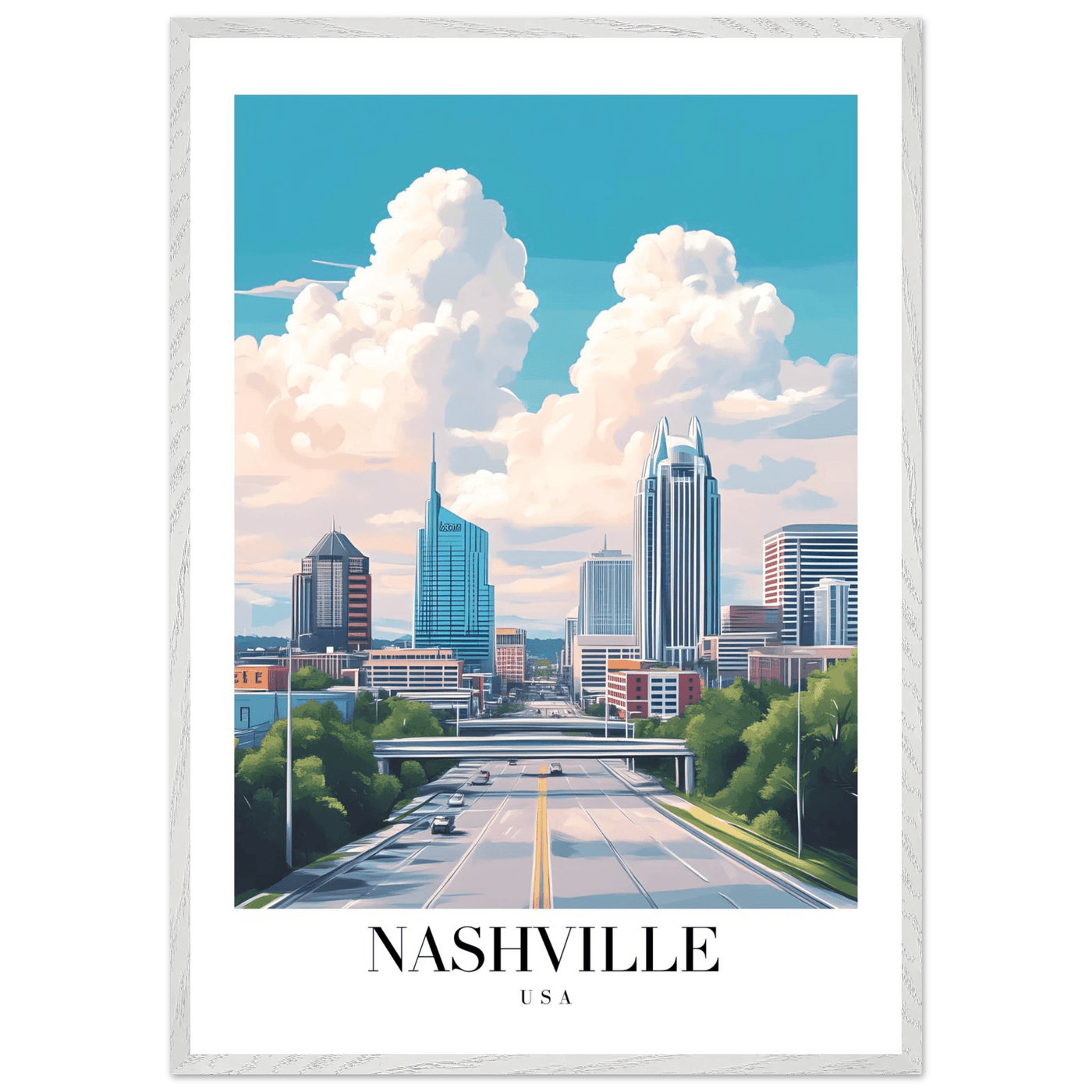 Nashville USA Cityscape Framed Poster – Modern Travel Wall Art with Wooden Frame & Your Choice of Size - Vibrantwalls