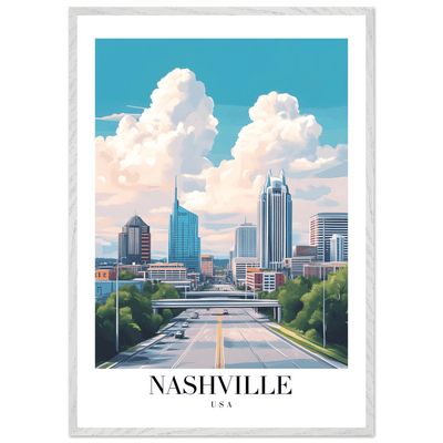Nashville USA Cityscape Framed Poster – Modern Travel Wall Art with Wooden Frame & Your Choice of Size - Vibrantwalls