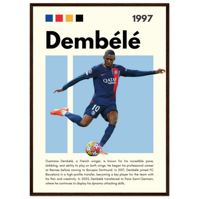 Ousmane Dembélé PSG Soccer Framed Poster – Dynamic Football Art Print in Multiple Sizes & Frame Styles 50x70 cm 20x28″ Dark wood frame Vibrantwalls