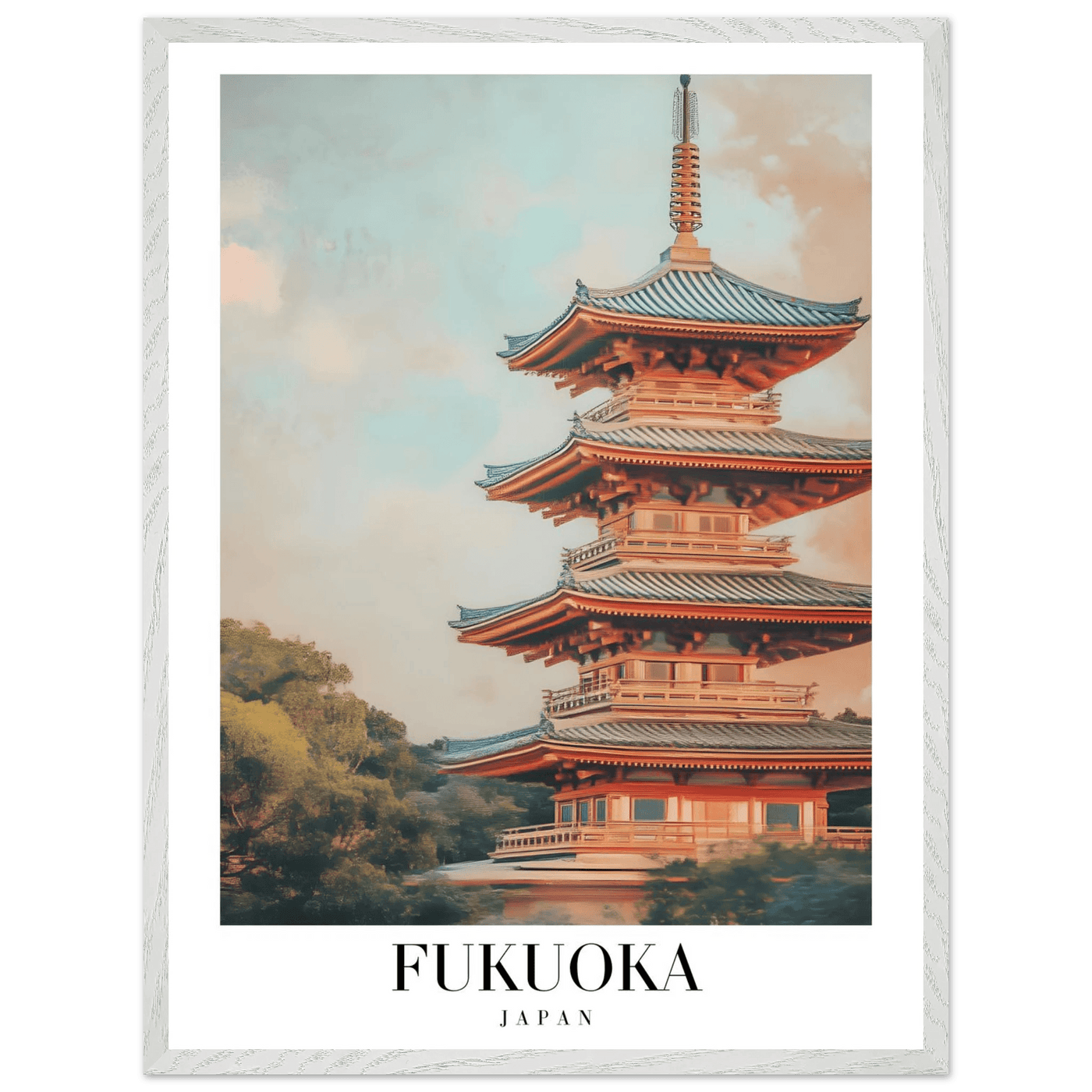 Fukuoka Japan Vintage Pagoda Framed Poster – Serene Travel Wall Art with Wooden Frame - Vibrantwalls