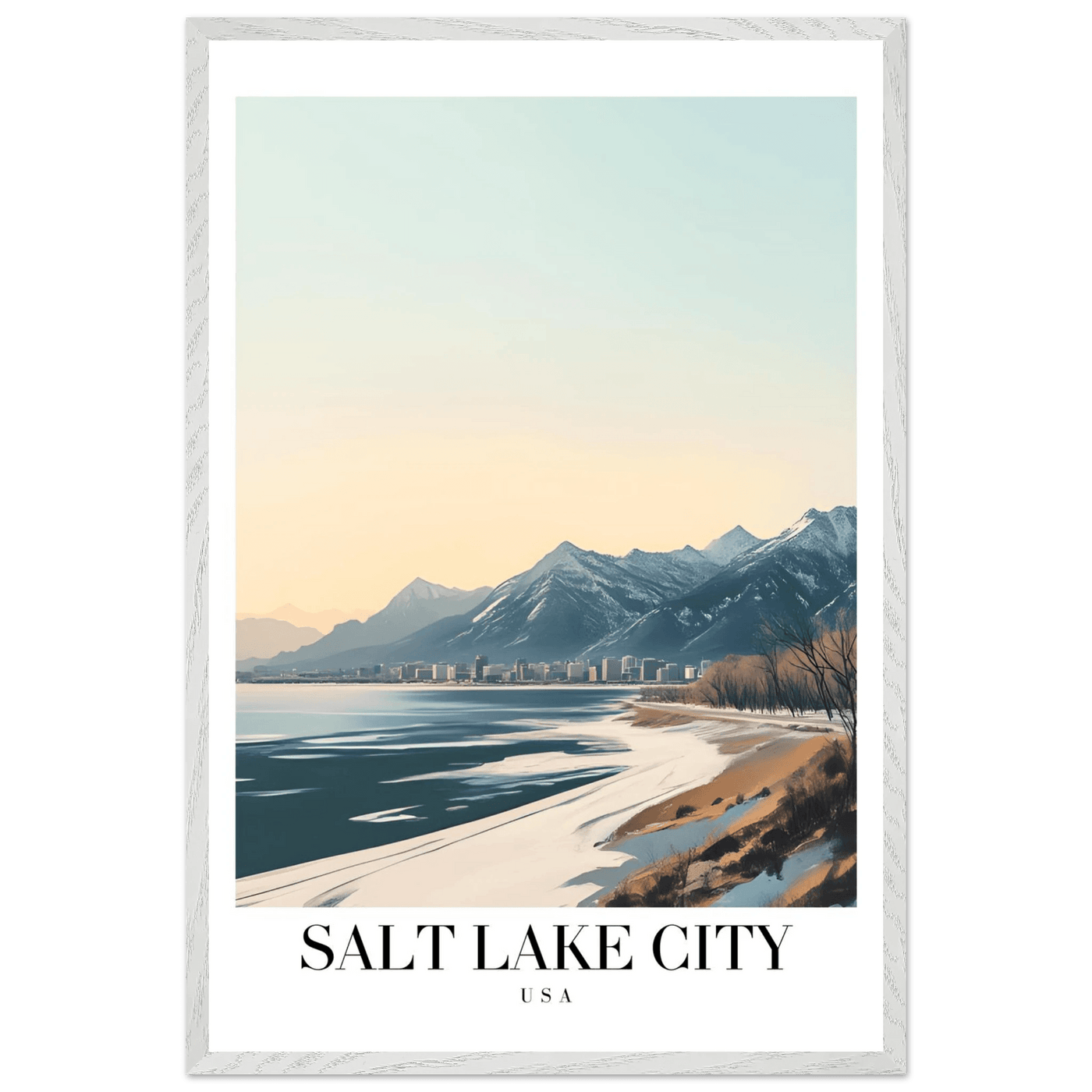 Salt Lake City Framed Poster – Modern Winter Landscape Art with Wood Frame - Vibrantwalls