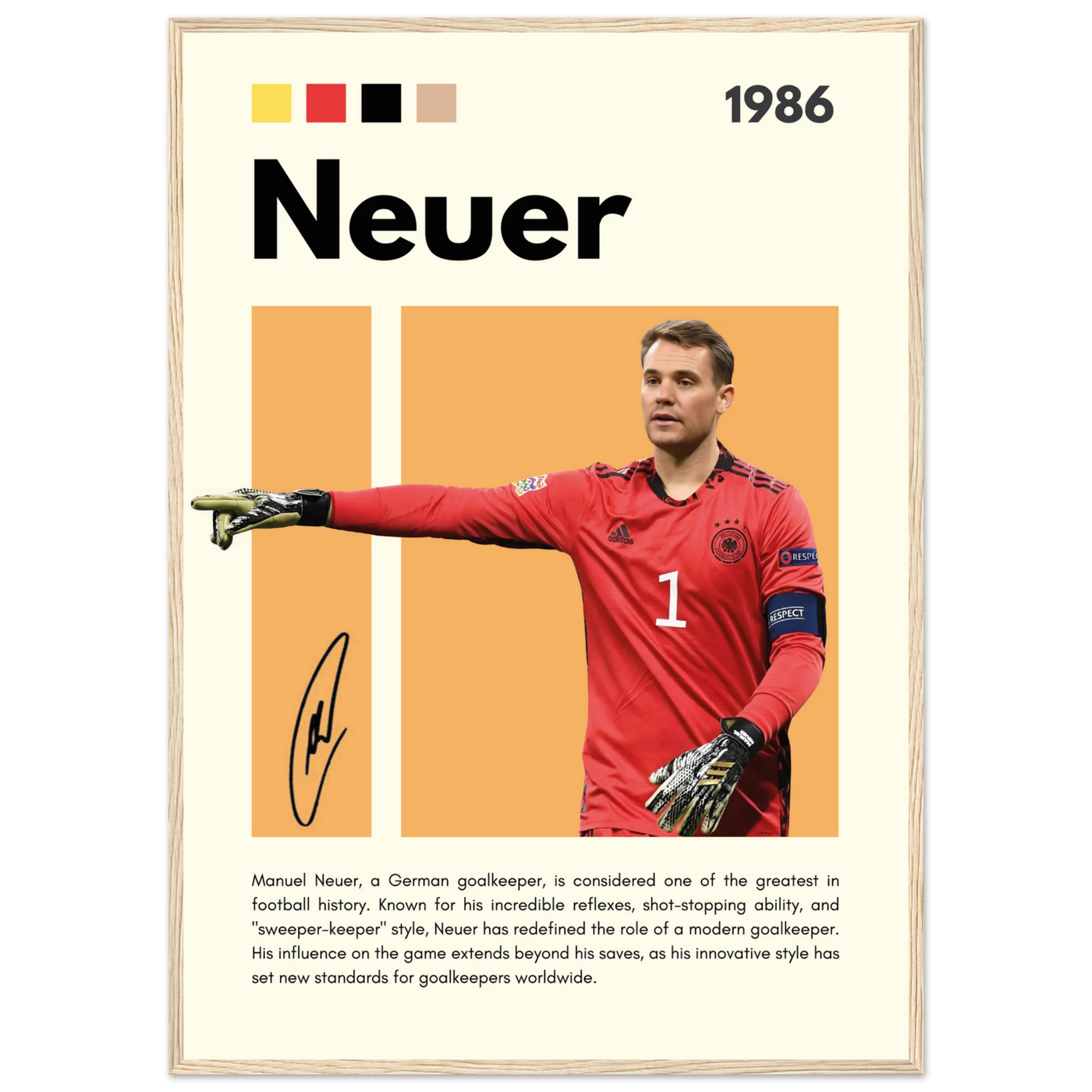 Manuel Neuer Goalkeeper Framed Football Legend Poster A1 (59.4 x 84.1 cm) Wood frame Vibrantwalls