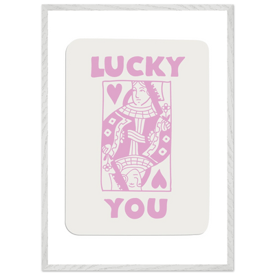 Lucky You Poker Card Art Print - Queen of Hearts Framed Poster, Pink & Cream Aesthetic Decor - Vibrantwalls