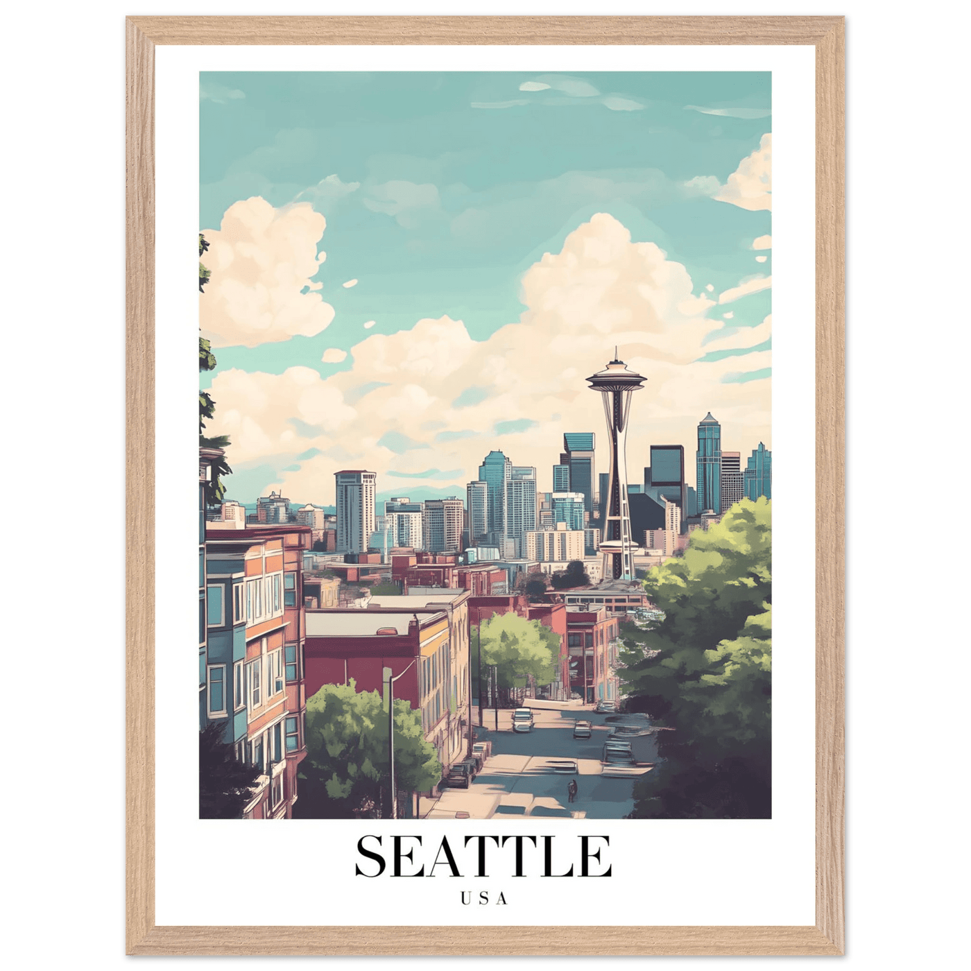 Seattle USA Framed Poster – Charming Watercolor Cityscape Wall Art with Wooden Frame - Vibrantwalls