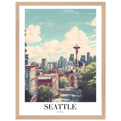 Seattle USA Framed Poster – Charming Watercolor Cityscape Wall Art with Wooden Frame - Vibrantwalls