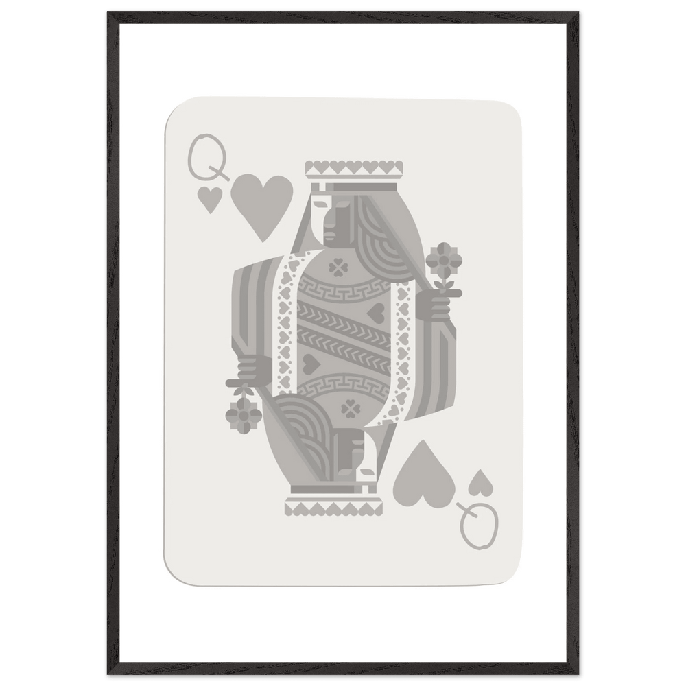 Queen of Hearts Poker Card Print - Grey & White Framed Art, Eco-Friendly Wood Frame in Multiple Sizes - Vibrantwalls