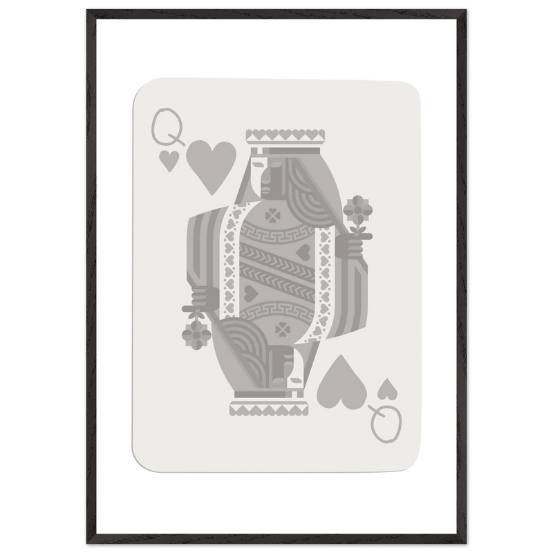 Queen of Hearts Poker Card Print - Grey & White Framed Art, Eco-Friendly Wood Frame in Multiple Sizes - Vibrantwalls