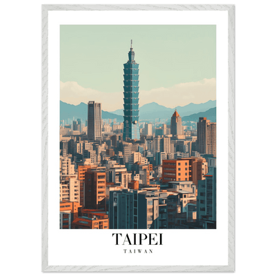 Taipei Taiwan Cityscape Framed Poster – Modern Retro Travel Art with Wooden Frame Options - Vibrantwalls