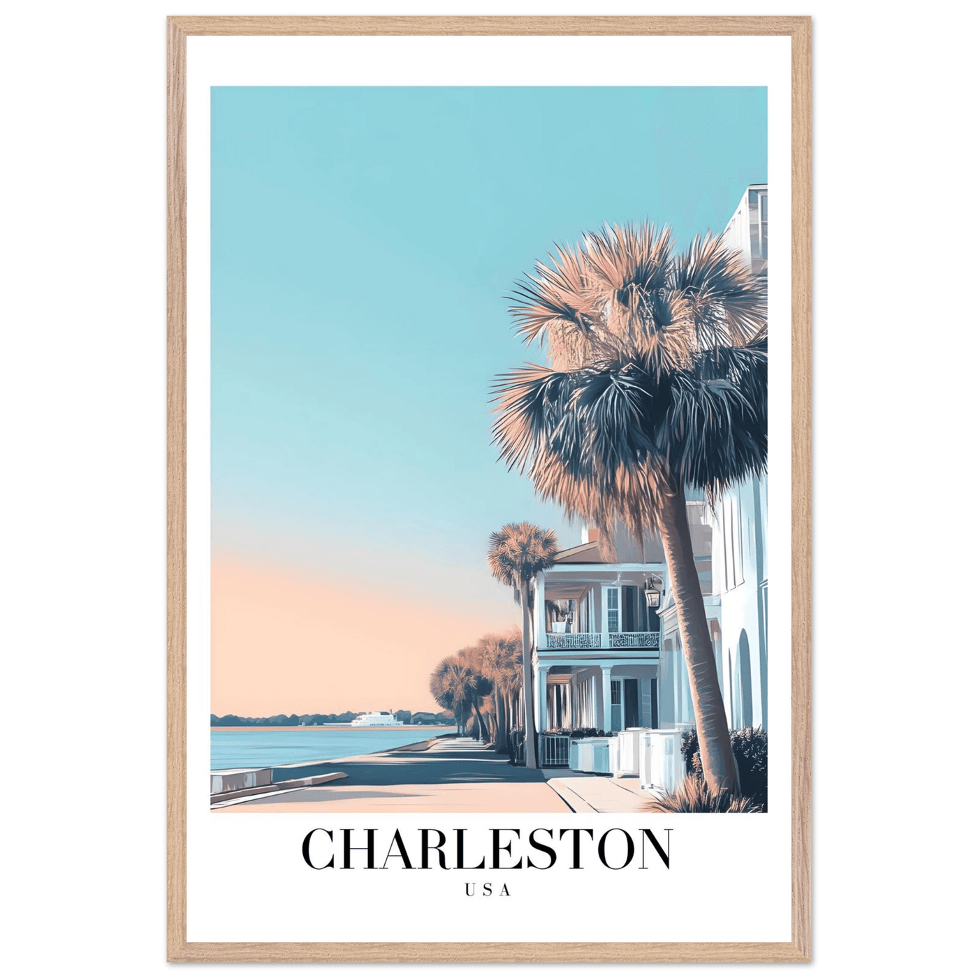 Charleston USA Framed Poster – Coastal Vintage Wall Art with Wooden Frame and Serene Sunset Hues - Vibrantwalls