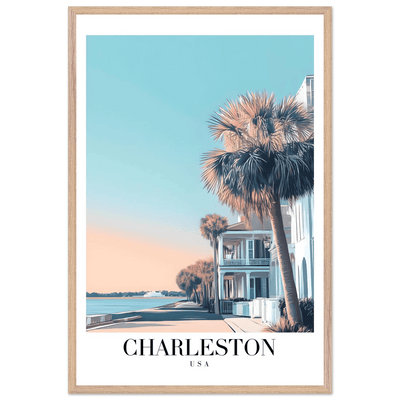 Charleston USA Framed Poster – Coastal Vintage Wall Art with Wooden Frame and Serene Sunset Hues - Vibrantwalls