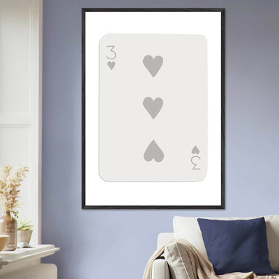 Minimalist Three of Hearts Poker Card Print - Eco-Friendly Framed Wall Art, Matte Finish - Vibrantwalls