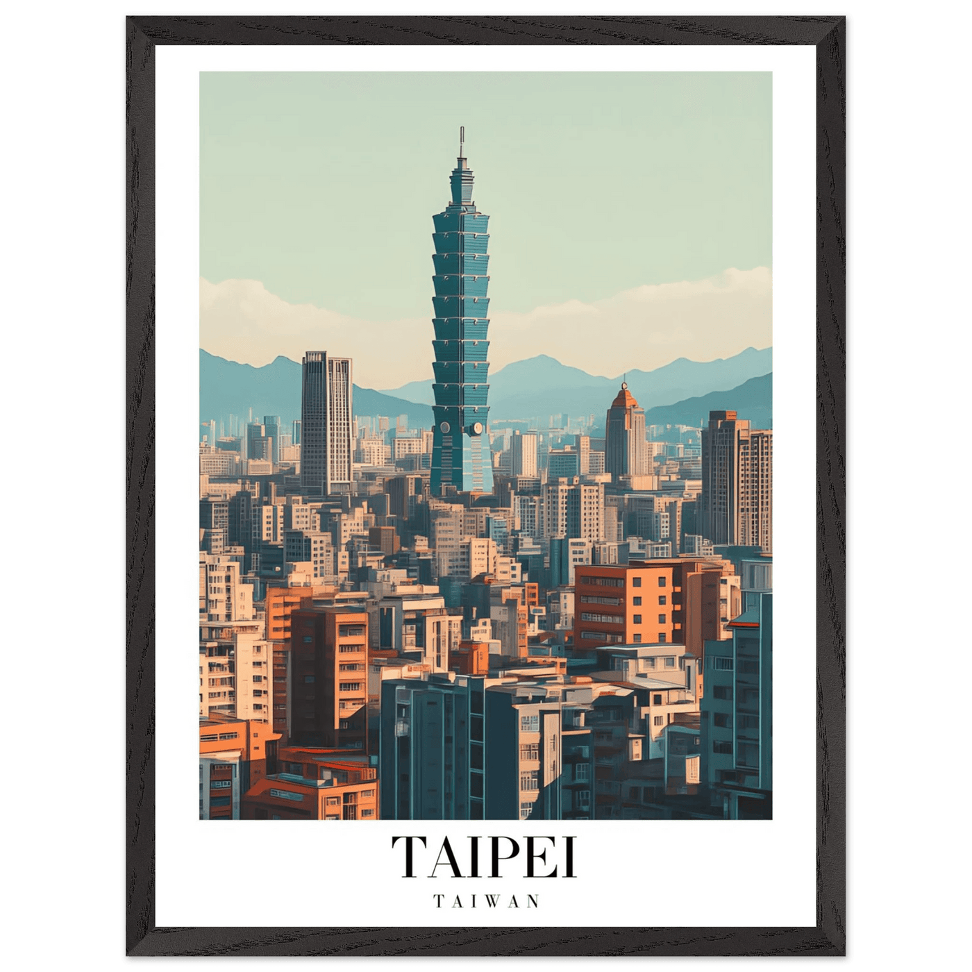 Taipei Taiwan Cityscape Framed Poster – Modern Retro Travel Art with Wooden Frame Options - Vibrantwalls