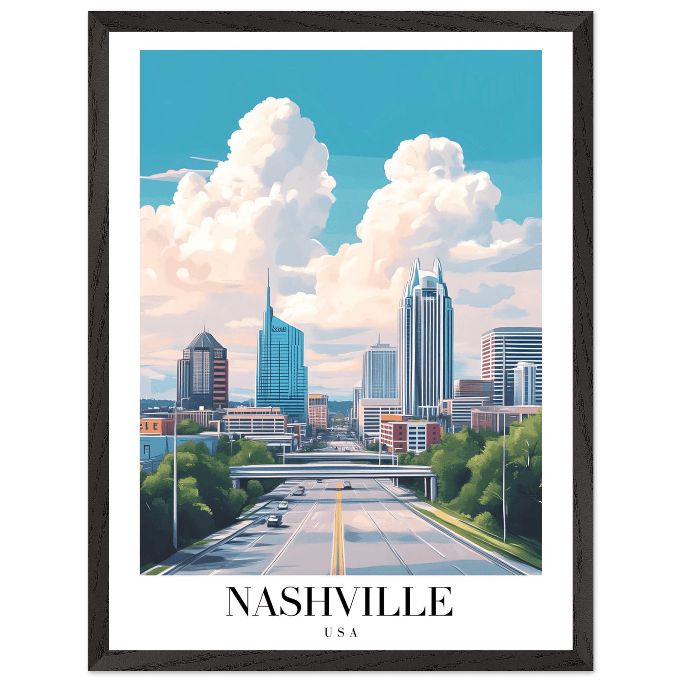 Nashville USA Cityscape Framed Poster – Modern Travel Wall Art with Wooden Frame & Your Choice of Size - Vibrantwalls