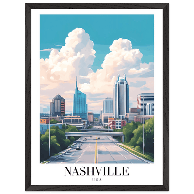 Nashville USA Cityscape Framed Poster – Modern Travel Wall Art with Wooden Frame & Your Choice of Size - Vibrantwalls
