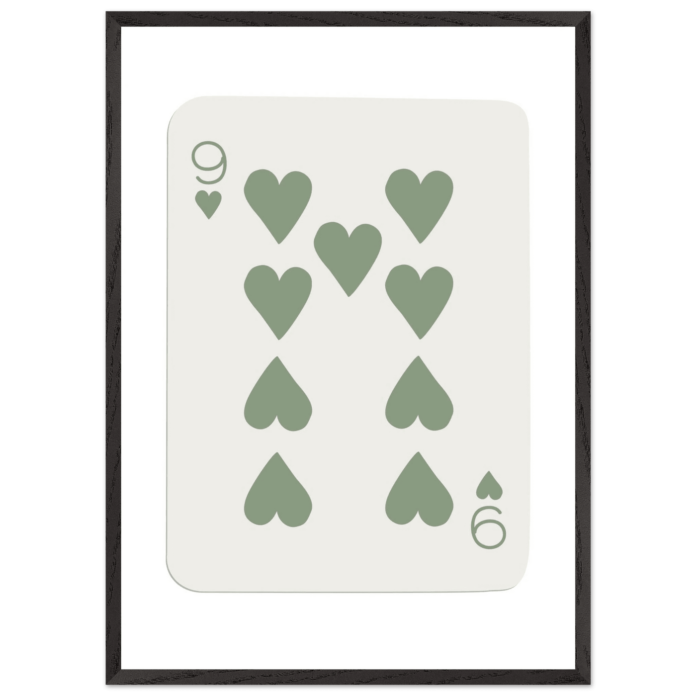 Minimalist Nine of Hearts Poker Card Print - Mounted Framed Wall Art, Sage Green Boho Decor, Eco-Friendly Wood Frame - Vibrantwalls