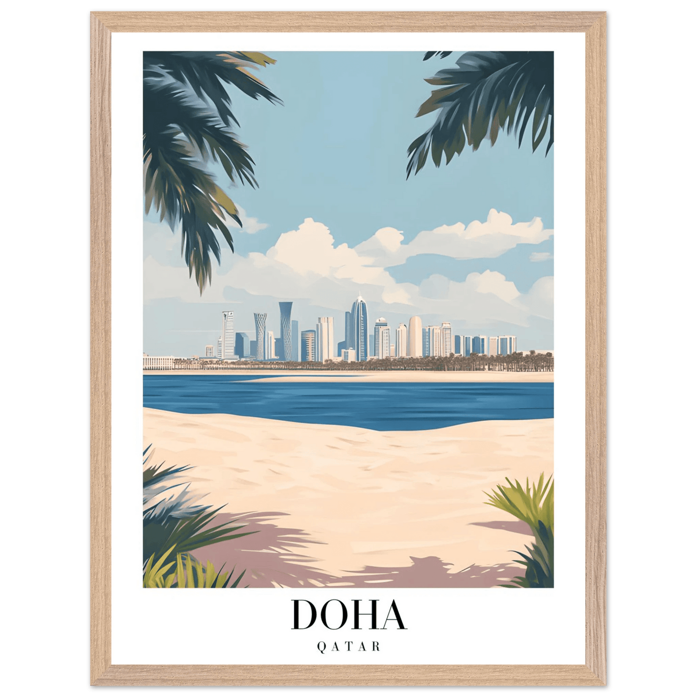 Doha Qatar Skyline Framed Poster – Modern Travel Wall Art with Palm Beach Vibes - Vibrantwalls