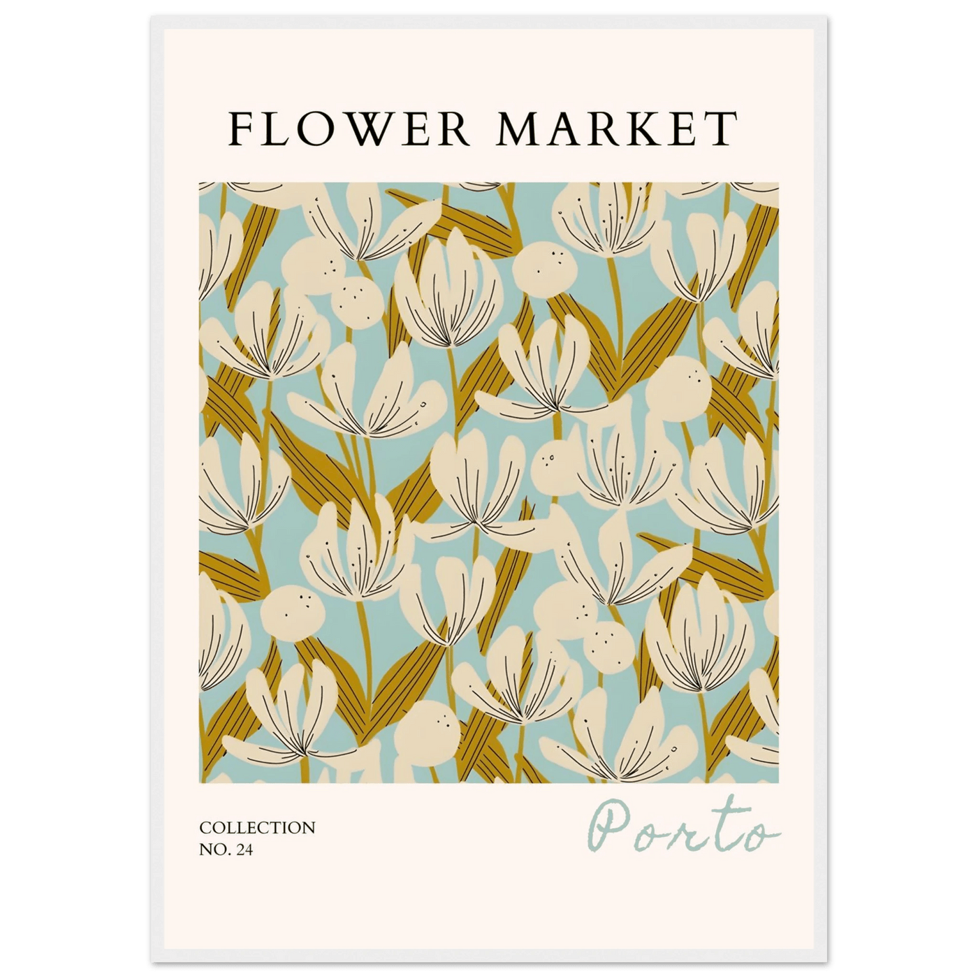 Flower Market Porto Abstract Floral Framed Poster | Calming Blue & Gold Botanical Art Print, Ready-to-Hang - Vibrantwalls