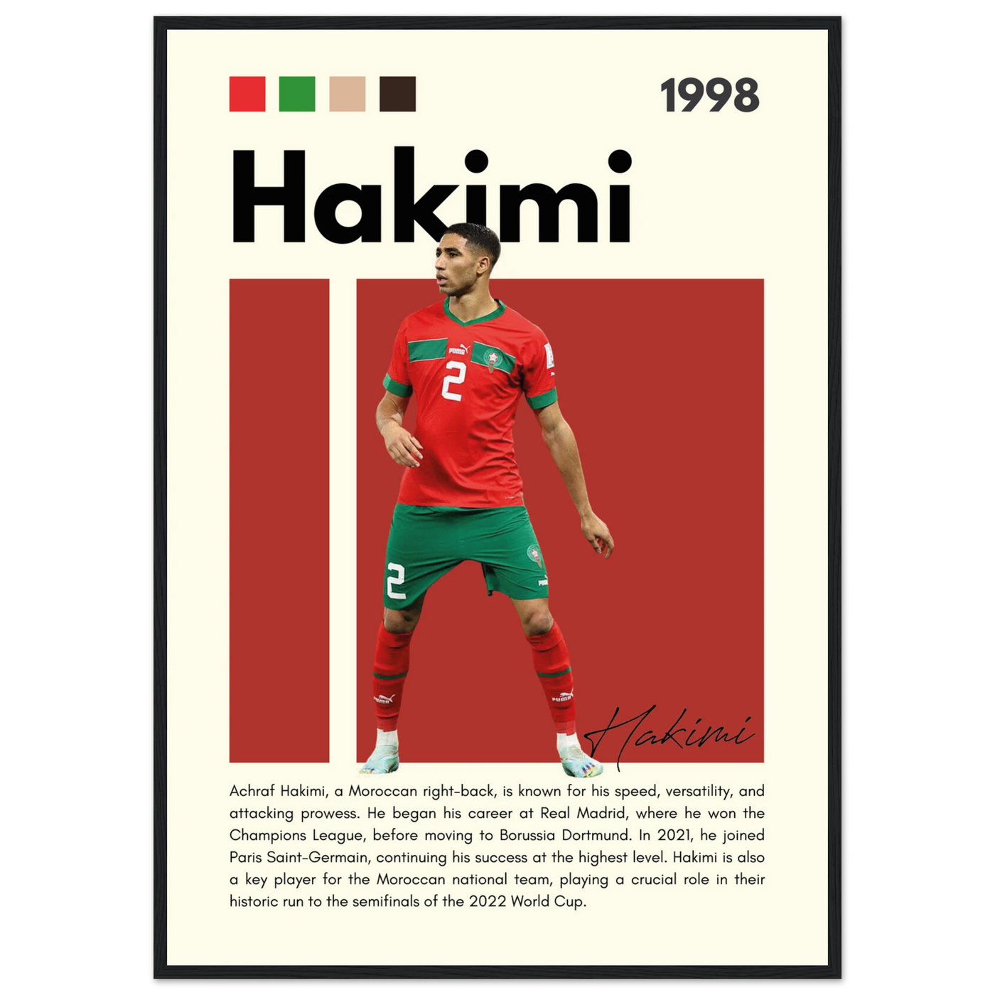Achraf Hakimi Morocco Framed Football Legend Poster A1 (59.4 x 84.1 cm) Black frame Vibrantwalls