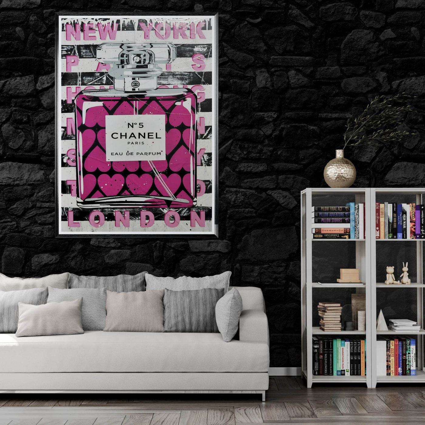 Chanel No. 5 Pink Hearts Pop Art Print in Premium Mounted Frame - Vibrantwalls