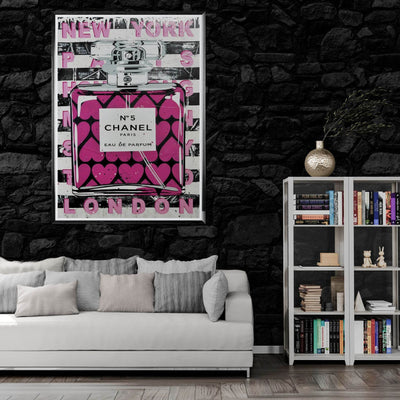 Chanel No. 5 Pink Hearts Pop Art Print in Premium Mounted Frame - Vibrantwalls