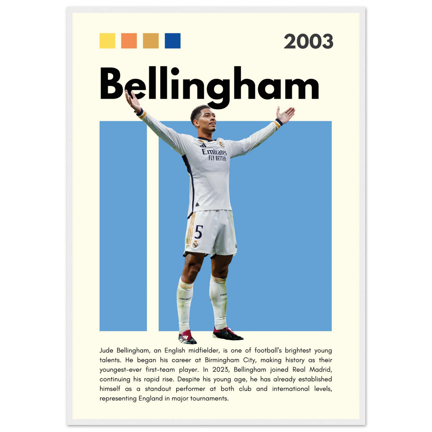 Jude Bellingham Real Madrid Football Poster – Modern Pop Art Print in Your Choice of Frame A1 (59.4 x 84.1 cm) White frame Vibrantwalls