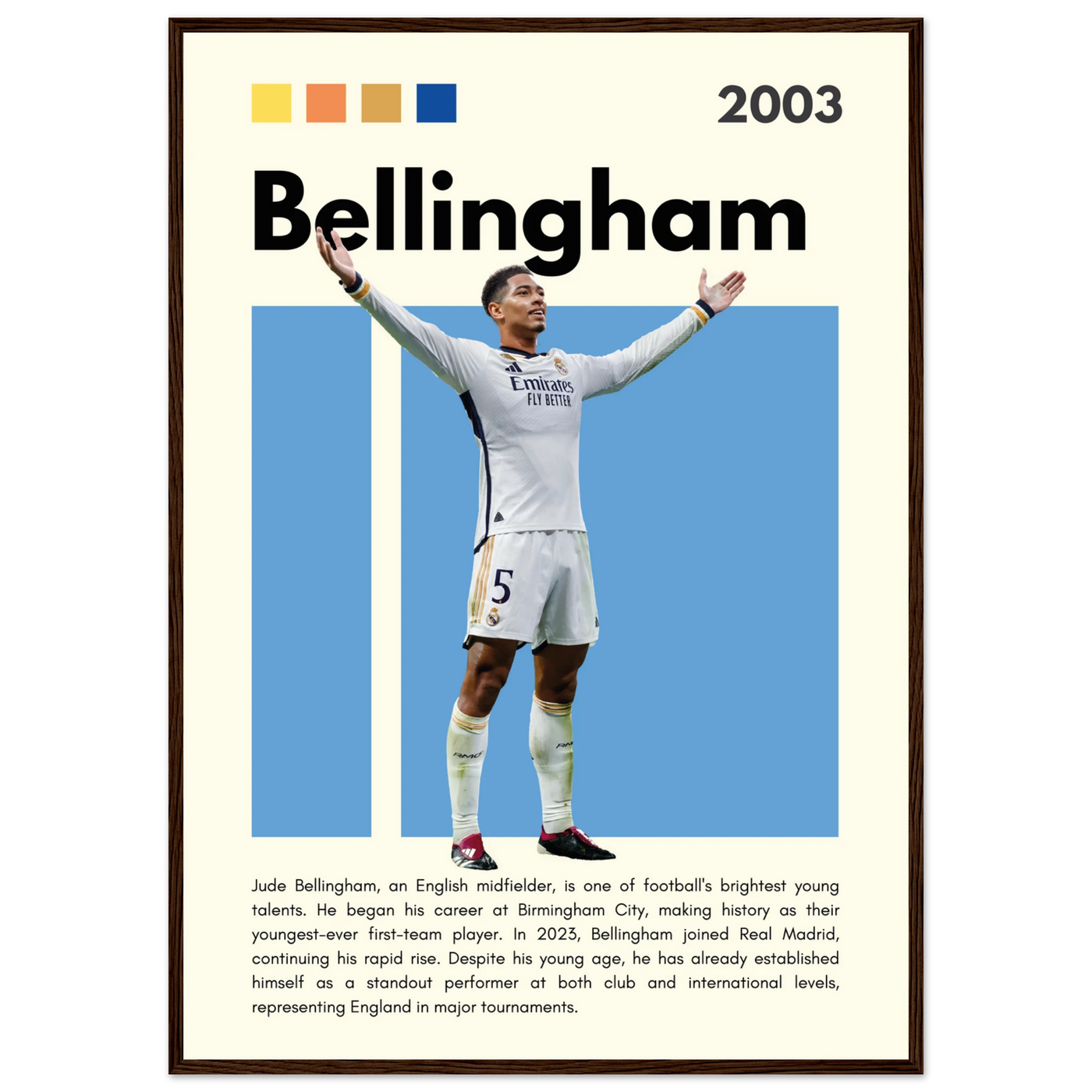 Jude Bellingham Real Madrid Football Poster – Modern Pop Art Print in Your Choice of Frame A1 (59.4 x 84.1 cm) Dark wood frame Vibrantwalls