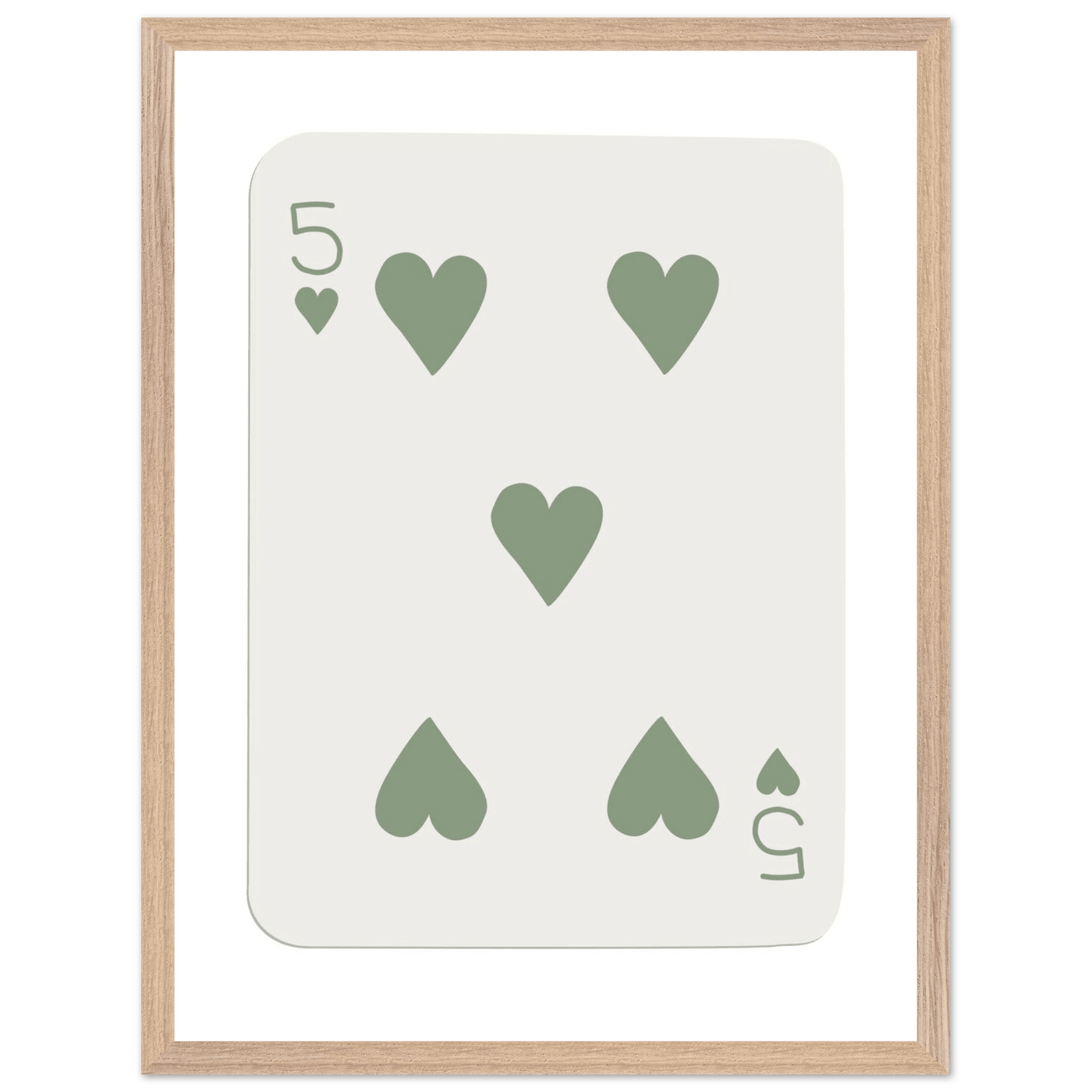Five of Hearts Poker Card Print - Sage Green Aesthetic Framed Art, Eco-Friendly Wood Frame in Multiple Sizes - Vibrantwalls