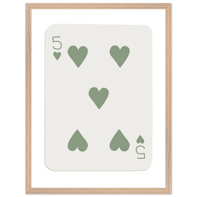 Five of Hearts Poker Card Print - Sage Green Aesthetic Framed Art, Eco-Friendly Wood Frame in Multiple Sizes - Vibrantwalls