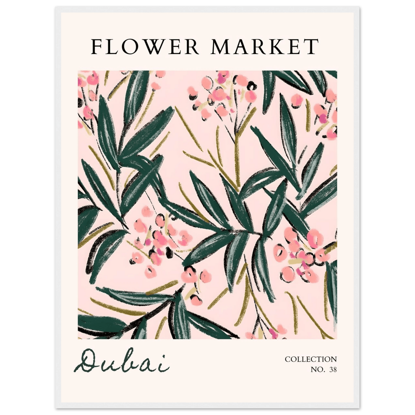 Dubai Flower Market Art Print – Blush Pink & Emerald Green Botanical Framed Poster | Ready-to-Hang - Vibrantwalls