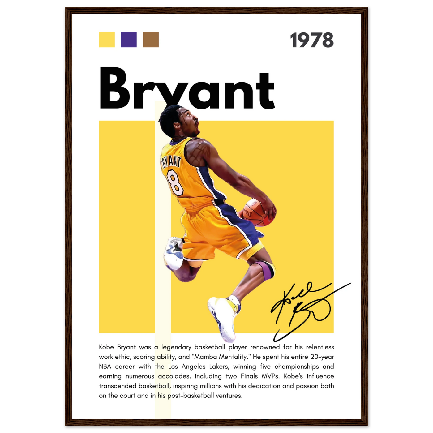 Kobe Bryant Number 24 Lakers Modern Print 50x70 cm 20x28″ Dark wood frame Vibrantwalls