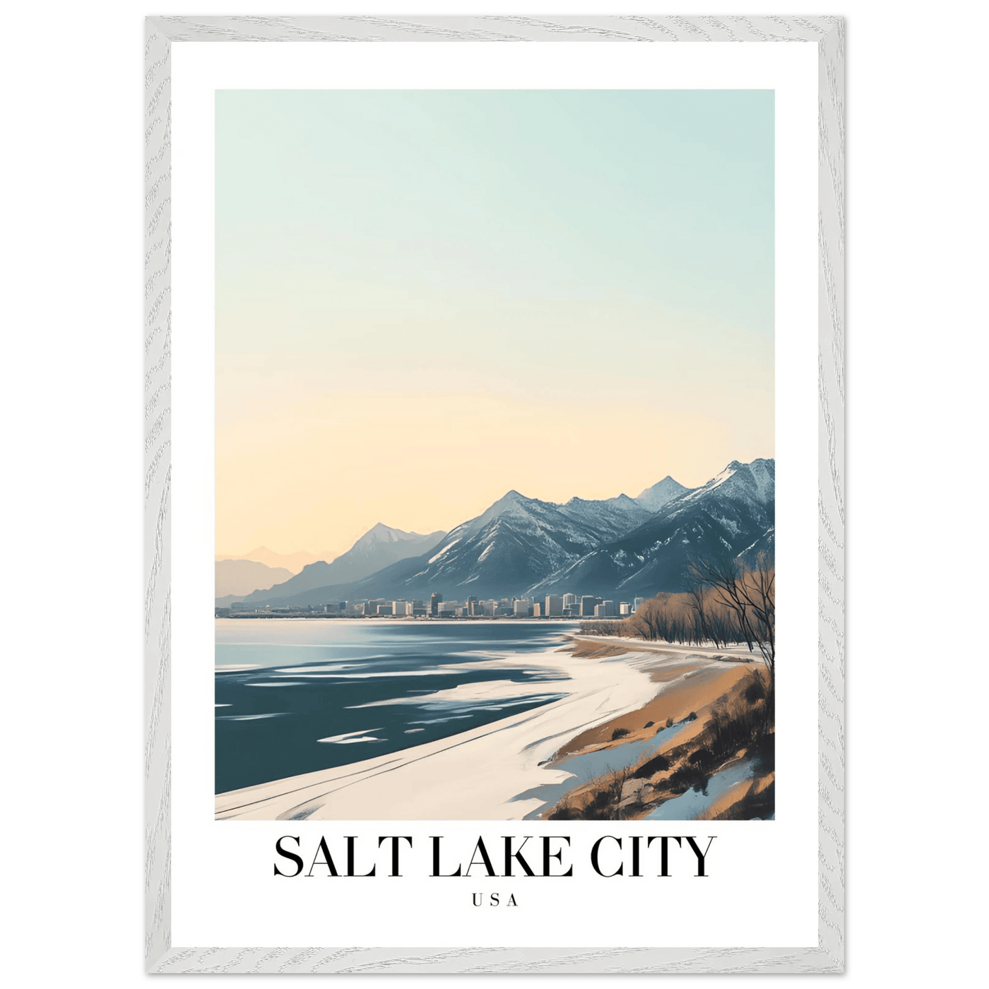 Salt Lake City Framed Poster – Modern Winter Landscape Art with Wood Frame - Vibrantwalls